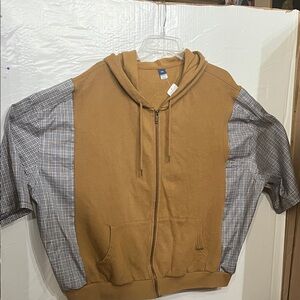 Upcycled/ reworked Men's Brown and Plaid short Sleeve Hoodie Sweater.  Resized.
